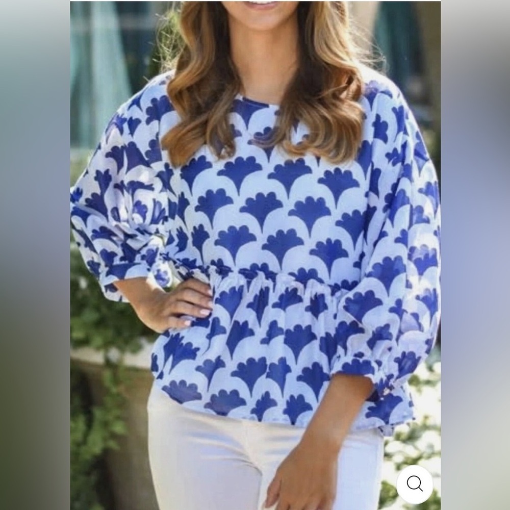 J.Marie Pippa Blue White Floral Blouse Balloon Sleeve Peplum Scallop Motif‎